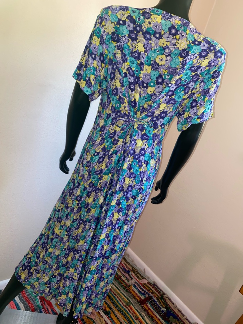 Vintage Floral Button-Front Midi Dress Tie Back Strings in Teal & Purple - Picture 6 of 11